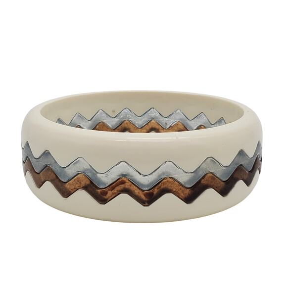 Acrylic Puzzle Bangles Zig Zag Bracelet Blue Brown Off White Wavy Interlocking - Picture 7 of 12
